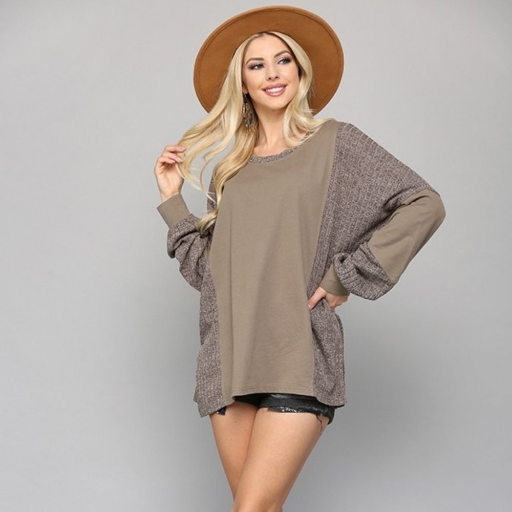 Two Tone Top with Dolman Sleeve Solid Terry & Rib Knit Mix Top - Taupe